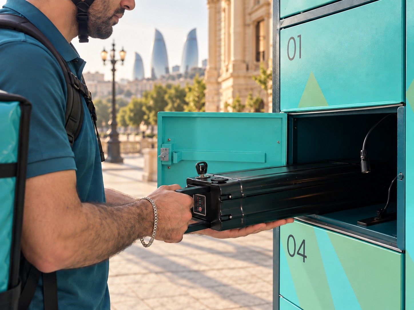 Courier exchanging a MinVolt battery at a Dolu station
