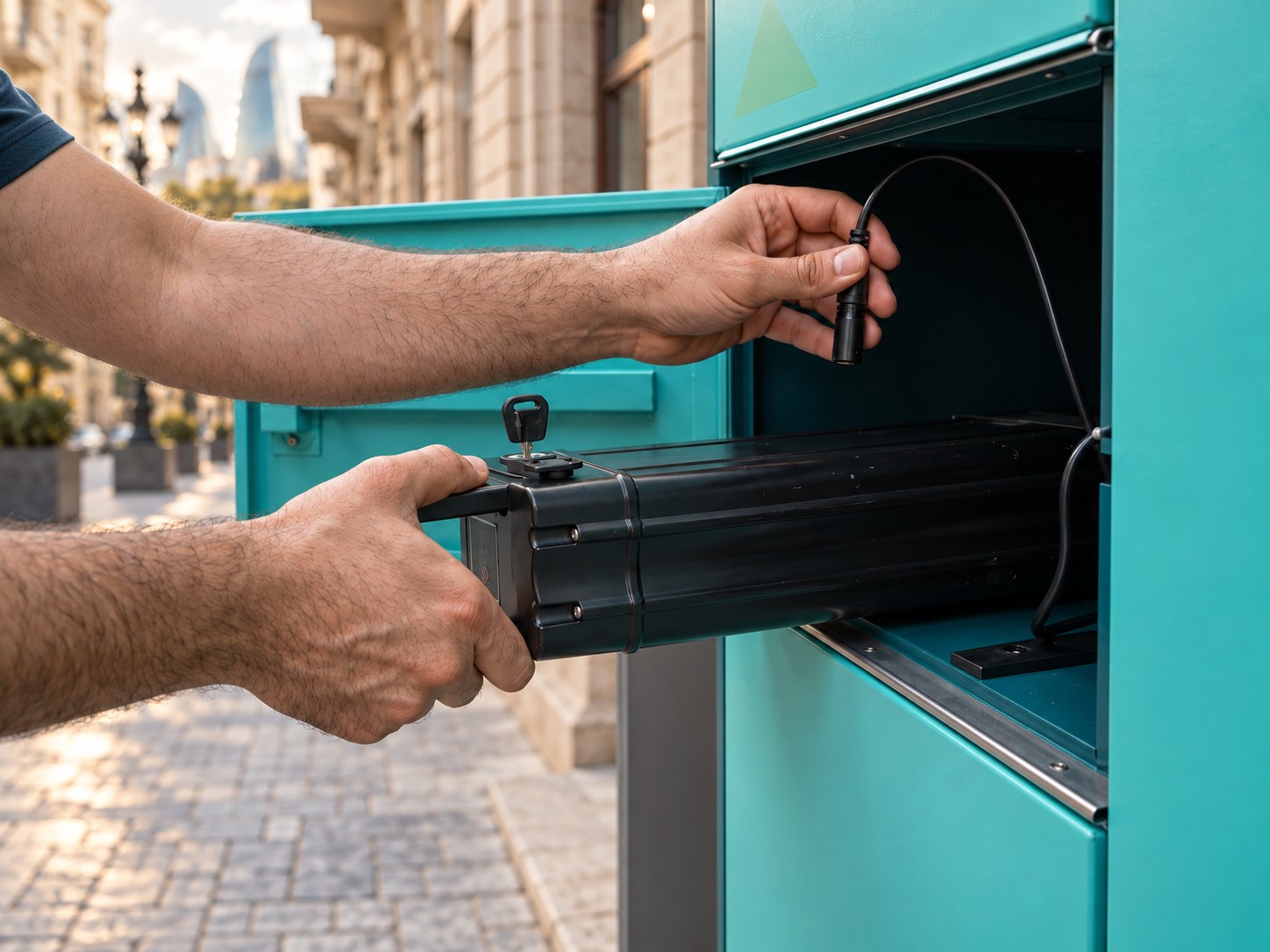 Courier returning a MinVolt battery at a swap station